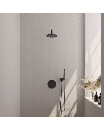 BRAUER Black Edition thermostatische inbouw regendouche 3-weg rond SET 75 met 20 cm douchekop en gebogen muurarm en staaf handdouche en doucheslang en wandaansluitbocht mat zwart