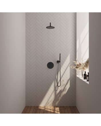 BRAUER Black Edition thermostatische inbouw regendouche 3-weg rond SET 75 met 20 cm douchekop en gebogen muurarm en staaf handdouche en doucheslang en wandaansluitbocht mat zwart