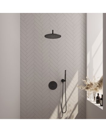 BRAUER Black Edition thermostatische inbouw regendouche 3-weg rond SET 76 met 30 cm douchekop en gebogen muurarm en staaf handdouche en doucheslang en wandaansluitbocht mat zwart