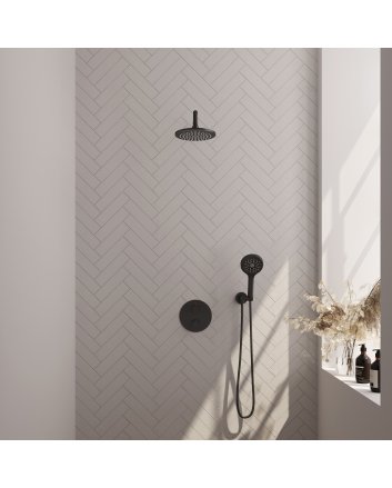 BRAUER Black Edition thermostatische inbouw regendouche 3-weg rond SET 81 met 20 cm douchekop en gebogen muurarm en 3-standen handdouche en doucheslang en wandaansluitbocht mat zwart