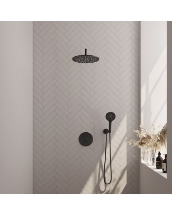 BRAUER Black Edition thermostatische inbouw regendouche 3-weg rond SET 82 met 30 cm douchekop en gebogen muurarm en 3-standen handdouche en doucheslang en wandaansluitbocht mat zwart