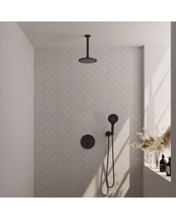 BRAUER Black Edition thermostatische inbouw regendouche 3-weg rond SET 83 met 20 cm douchekop en plafondarm en 3-standen handdouche en doucheslang en wandaansluitbocht mat zwart