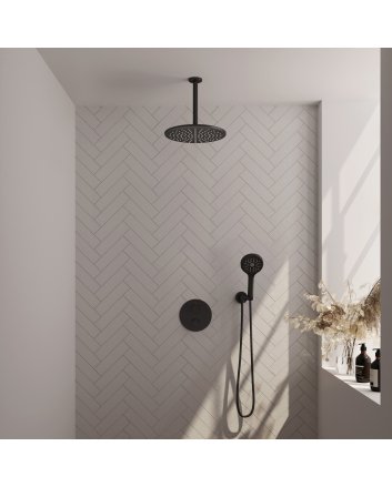 BRAUER Black Edition thermostatische inbouw regendouche 3-weg rond SET 84 met 30 cm douchekop en plafondarm en 3-standen handdouche en doucheslang en wandaansluitbocht mat zwart