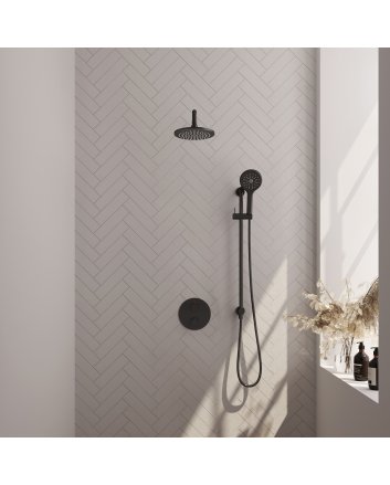 BRAUER Black Edition thermostatische inbouw regendouche 3-weg rond SET 93 met 20 cm douchekop en gebogen muurarm en 3-standen handdouche en doucheslang en geïntegreerde glijstang mat zwart