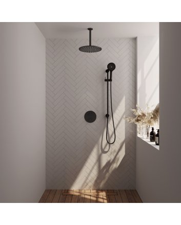 BRAUER Black Edition thermostatische inbouw regendouche 3-weg rond SET 96 met 30 cm douchekop en plafondarm en 3-standen handdouche en doucheslang en geïntegreerde glijstang mat zwart