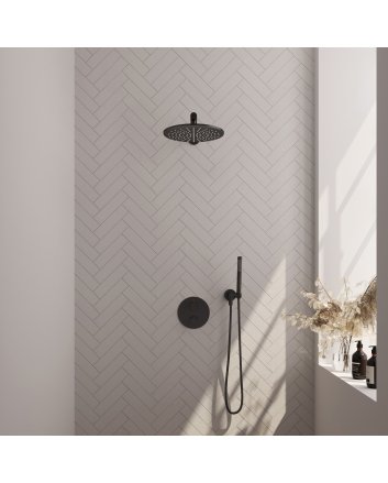 BRAUER Black Carving thermostatische inbouw regendouche 3-weg rond SET 74 met 30 cm douchekop en rechte muurarm en staaf handdouche en doucheslang en wandaansluitbocht mat zwart