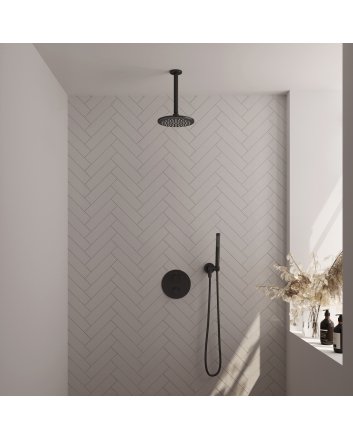 BRAUER Black Carving thermostatische inbouw regendouche 3-weg rond SET 77 met 20 cm douchekop en plafondarm en staaf handdouche en doucheslang en wandaansluitbocht mat zwart