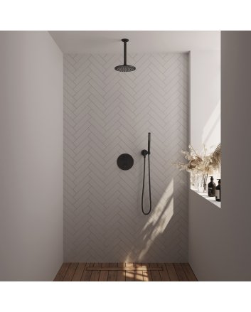 BRAUER Black Carving thermostatische inbouw regendouche 3-weg rond SET 77 met 20 cm douchekop en plafondarm en staaf handdouche en doucheslang en wandaansluitbocht mat zwart