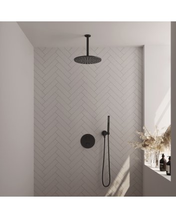 BRAUER Black Carving thermostatische inbouw regendouche 3-weg rond SET 78 met 30 cm douchekop en plafondarm en staaf handdouche en doucheslang en wandaansluitbocht mat zwart