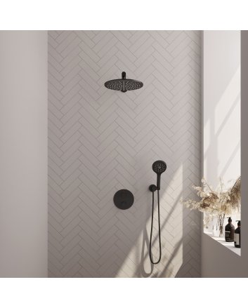 BRAUER Black Carving thermostatische inbouw regendouche 3-weg rond SET 80 met 30 cm douchekop en rechte muurarm en 3-standen handdouche en doucheslang en wandaansluitbocht mat zwart