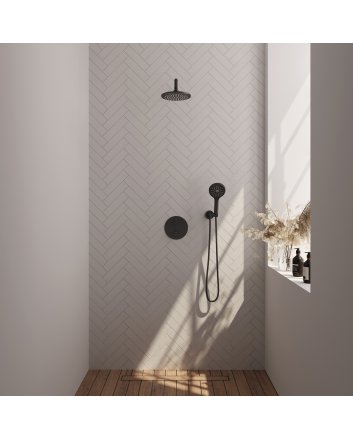 BRAUER Black Carving thermostatische inbouw regendouche 3-weg rond SET 81 met 20 cm douchekop en gebogen muurarm en 3-standen handdouche en doucheslang en wandaansluitbocht mat zwart