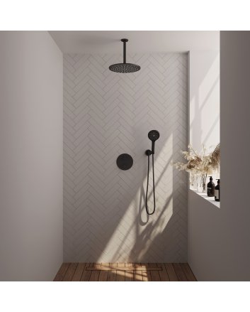 BRAUER Black Carving thermostatische inbouw regendouche 3-weg rond SET 84 met 30 cm douchekop en plafondarm en 3-standen handdouche en doucheslang en wandaansluitbocht mat zwart