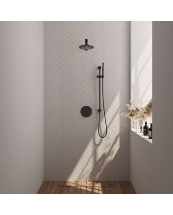 BRAUER Black Carving thermostatische inbouw regendouche 3-weg rond SET 85 met 20 cm douchekop en rechte muurarm en staaf handdouche en doucheslang en geïntegreerde glijstang mat zwart