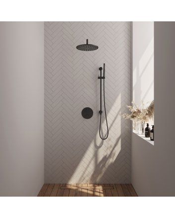 BRAUER Black Carving thermostatische inbouw regendouche 3-weg rond SET 88 met 30 cm douchekop en gebogen muurarm en staaf handdouche en doucheslang en geïntegreerde glijstang mat zwart