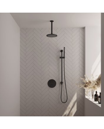 BRAUER Black Carving thermostatische inbouw regendouche 3-weg rond SET 89 met 20 cm douchekop en plafondarm en staaf handdouche en doucheslang en geïntegreerde glijstang mat zwart
