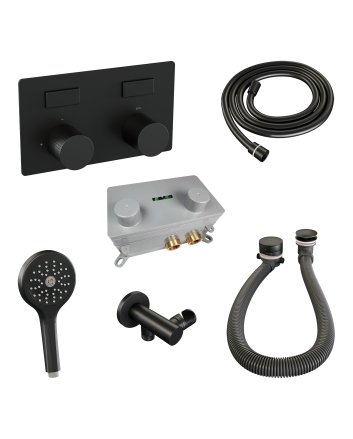BRAUER Stripe thermostatische inbouw badkraan met drukknoppen SET 03 met badvulcombinatie en staaf handdouche en doucheslang en wandaansluitbocht mat zwart