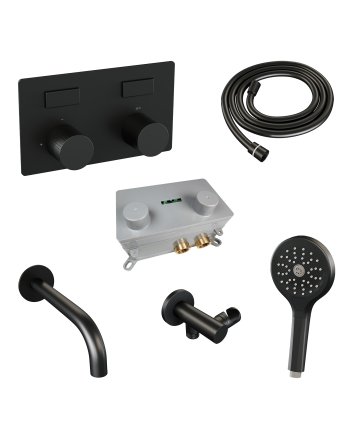 BRAUER Stripe thermostatische inbouw badkraan met drukknoppen SET 04 met uitloop en 3-standen handdouche en doucheslang en wandaansluitbocht mat zwart