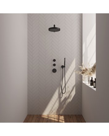 BRAUER Stripe thermostatische inbouw regendouche SET 01 met 25 cm douchekop en rechte muurarm en staaf handdouche en doucheslang en wandaansluitbocht mat zwart