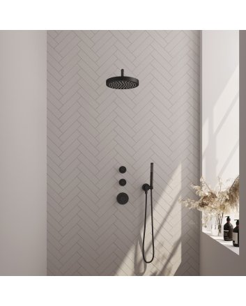 BRAUER Stripe thermostatische inbouw regendouche SET 02 met 25 cm douchekop en gebogen muurarm en staaf handdouche en doucheslang en wandaansluitbocht mat zwart