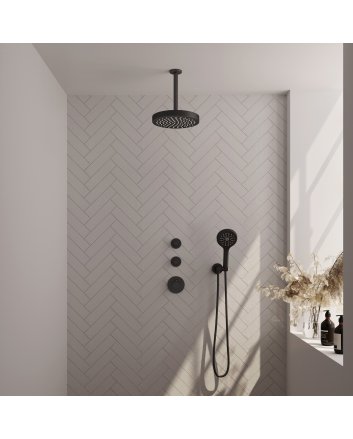 BRAUER Stripe thermostatische inbouw regendouche SET 03 met 25 cm douchekop en plafondarm en staaf handdouche en doucheslang en wandaansluitbocht mat zwart