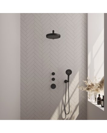 BRAUER Stripe thermostatische inbouw regendouche SET 04 met 25 cm douchekop en rechte muurarm en 3-standen handdouche en doucheslang en wandaansluitbocht mat zwart