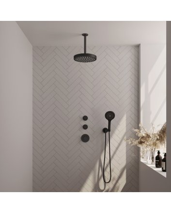 BRAUER Stripe thermostatische inbouw regendouche SET 06 met 25 cm douchekop en plafondarm en 3-standen handdouche en doucheslang en wandaansluitbocht mat zwart