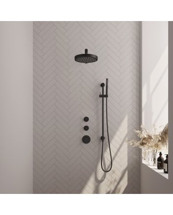 BRAUER Stripe thermostatische inbouw regendouche SET 07 met 25 cm douchekop en rechte muurarm en staaf handdouche en doucheslang en geïntegreerde glijstang mat zwart
