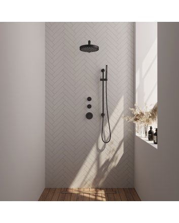 BRAUER Stripe thermostatische inbouw regendouche SET 07 met 25 cm douchekop en rechte muurarm en staaf handdouche en doucheslang en geïntegreerde glijstang mat zwart