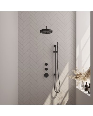 BRAUER Stripe thermostatische inbouw regendouche SET 08 met 25 cm douchekop en gebogen muurarm en staaf handdouche en doucheslang en geïntegreerde glijstang mat zwart