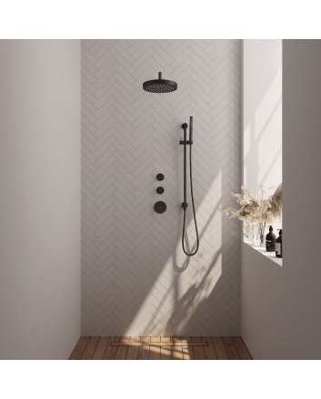 BRAUER Stripe thermostatische inbouw regendouche SET 08 met 25 cm douchekop en gebogen muurarm en staaf handdouche en doucheslang en geïntegreerde glijstang mat zwart