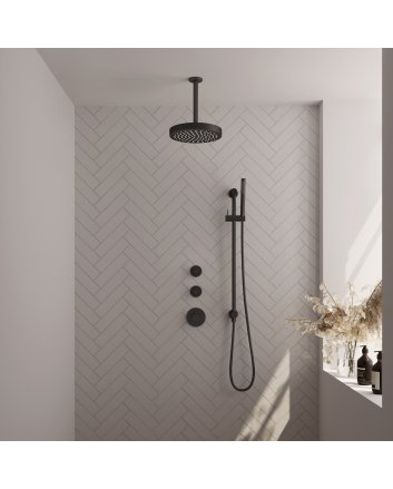 BRAUER Stripe thermostatische inbouw regendouche SET 09 met 25 cm douchekop en plafondarm en staaf handdouche en doucheslang en geïntegreerde glijstang mat zwart