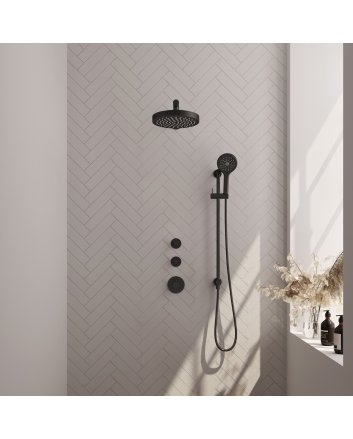 BRAUER Stripe thermostatische inbouw regendouche SET 10 met 25 cm douchekop en rechte muurarm en 3-standen handdouche en doucheslang en geïntegreerde glijstang mat zwart