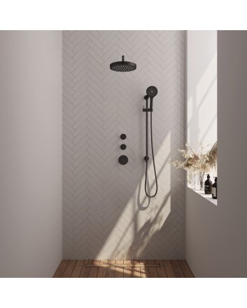 BRAUER Stripe thermostatische inbouw regendouche SET 11 met 25 cm douchekop en gebogen muurarm en 3-standen handdouche en doucheslang en geïntegreerde glijstang mat zwart