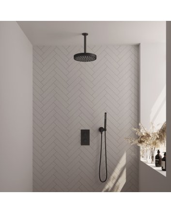 BRAUER Stripe thermostatische inbouw regendouche 3-weg rechthoekig SET 15 met 25 cm douchekop en plafondarm en staaf handdouche en doucheslang en wandaansluitbocht mat zwart
