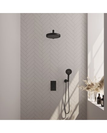 BRAUER Stripe thermostatische inbouw regendouche 3-weg rechthoekig SET 16 met 25 cm douchekop en rechte muurarm en 3-standen handdouche en doucheslang en wandaansluitbocht mat zwart