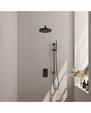 BRAUER Stripe thermostatische inbouw regendouche 3-weg rechthoekig SET 19 met 25 cm douchekop en rechte muurarm en staaf handdouche en doucheslang en geïntegreerde glijstang mat zwart