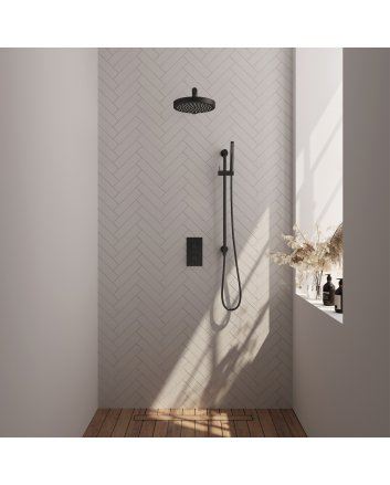BRAUER Stripe thermostatische inbouw regendouche 3-weg rechthoekig SET 19 met 25 cm douchekop en rechte muurarm en staaf handdouche en doucheslang en geïntegreerde glijstang mat zwart