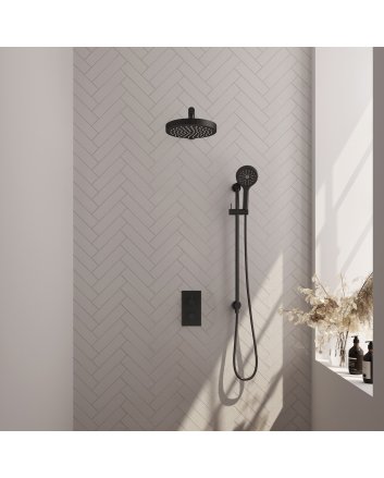 BRAUER Stripe thermostatische inbouw regendouche 3-weg rechthoekig SET 22 met 25 cm douchekop en rechte muurarm en 3-standen handdouche en doucheslang en geïntegreerde glijstang mat zwart