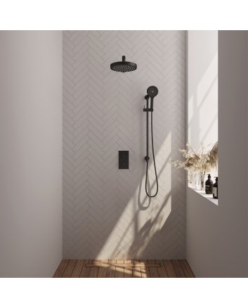 BRAUER Stripe thermostatische inbouw regendouche 3-weg rechthoekig SET 22 met 25 cm douchekop en rechte muurarm en 3-standen handdouche en doucheslang en geïntegreerde glijstang mat zwart
