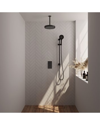 BRAUER Stripe thermostatische inbouw regendouche 3-weg rechthoekig SET 24 met 25 cm douchekop en plafondarm en 3-standen handdouche en doucheslang en geïntegreerde glijstang mat zwart