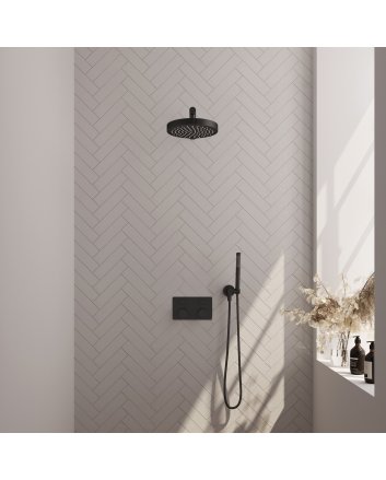 BRAUER Stripe thermostatische inbouw regendouche met drukknoppen SET 25 met 25 cm douchekop en rechte muurarm en staaf handdouche en doucheslang en wandaansluitbocht mat zwart