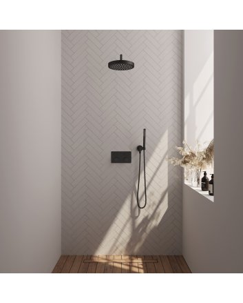 BRAUER Stripe thermostatische inbouw regendouche met drukknoppen SET 26 met 25 cm douchekop en gebogen muurarm en staaf handdouche en doucheslang en wandaansluitbocht mat zwart