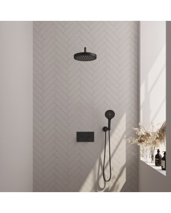 BRAUER Stripe thermostatische inbouw regendouche met drukknoppen SET 29 met 25 cm douchekop en gebogen muurarm en 3-standen handdouche en doucheslang en wandaansluitbocht mat zwart