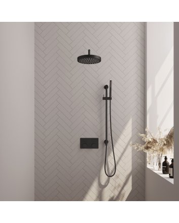 BRAUER Stripe thermostatische inbouw regendouche met drukknoppen SET 32 met 25 cm douchekop en gebogen muurarm en staaf handdouche en doucheslang en geïntegreerde glijstang mat zwart