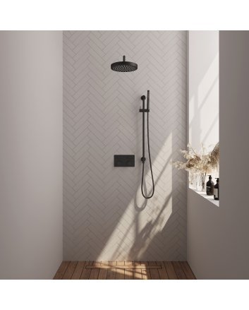 BRAUER Stripe thermostatische inbouw regendouche met drukknoppen SET 32 met 25 cm douchekop en gebogen muurarm en staaf handdouche en doucheslang en geïntegreerde glijstang mat zwart