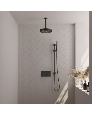 BRAUER Stripe thermostatische inbouw regendouche met drukknoppen SET 33 met 25 cm douchekop en plafondarm en staaf handdouche en doucheslang en geïntegreerde glijstang mat zwart