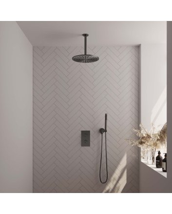 BRAUER Gunmetal Edition thermostatische inbouw regendouche 3-weg omstelling SET 30 met 30 cm douchekop en plafondarm en staaf handdouche en doucheslang en wandaansluitbocht gunmetal geborsteld PVD