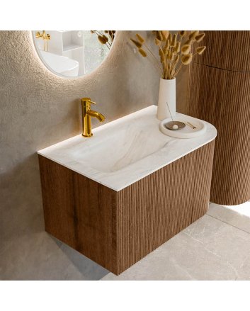 Mondiaz Kurve-Dlux 75cm badmeubel ronding Rechts kleur Walnut met 1 lade en 1 deur. Wastafel Grunne Links 1 kraangat Ostra.