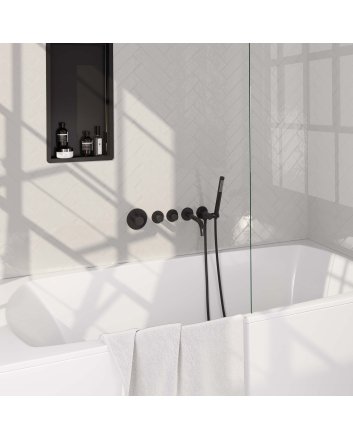 BRAUER Black Carving thermostatische inbouw badkraan SET 01 met uitloop en staaf handdouche en doucheslang en wandaansluitbocht mat zwart