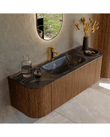 Mondiaz Kurve-Dlux 140cm badmeubel ronding Links + Rechts kleur Walnut met 1 lade en 2 deuren. Wastafel Big small Midden 1 kraangat Lava.